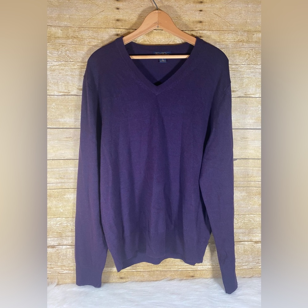 Brooks Brothers Saxxon Wool Sweater Adult Large V-Neck Purple Knit Pullover Mens